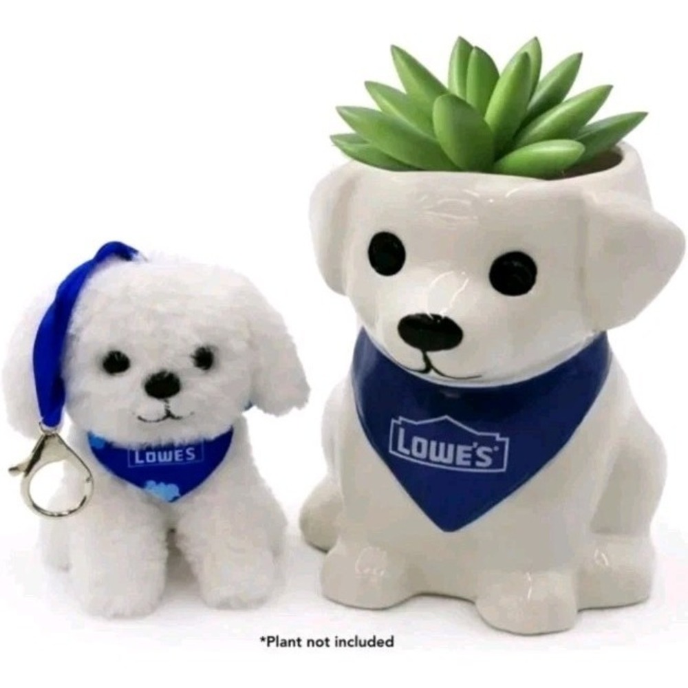 NEW Lowe's Mini White Dog Ceramic Succulent Planter + Plush Keychain Exclusive